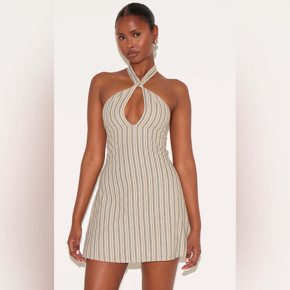 NWT PrettyLittleThing Striped Backless Dress - Cream and Tan